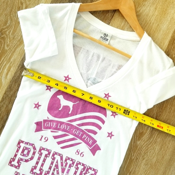 Victoria's Secret PINK Vintage Rhinestone Crystal Give Love V Neck Tee Shirt EUC - Picture 6 of 9